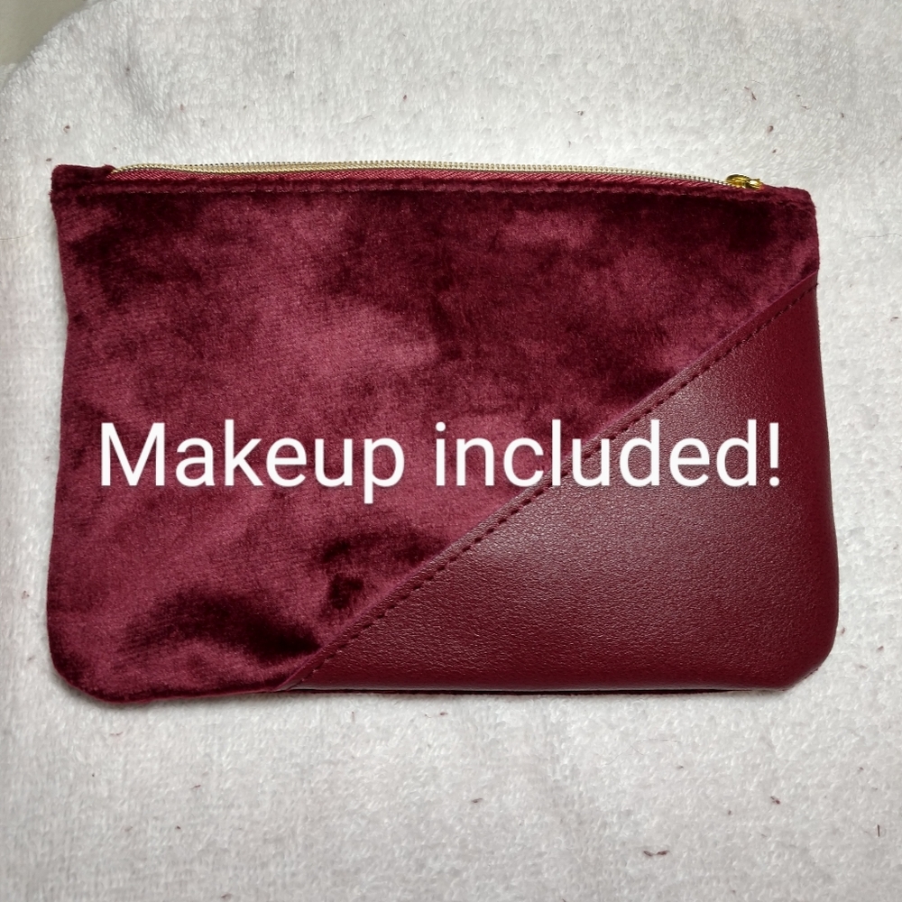 NWOT IPSY Beautiful Burgundy velour & vinyl cosmetic bag with makeup included